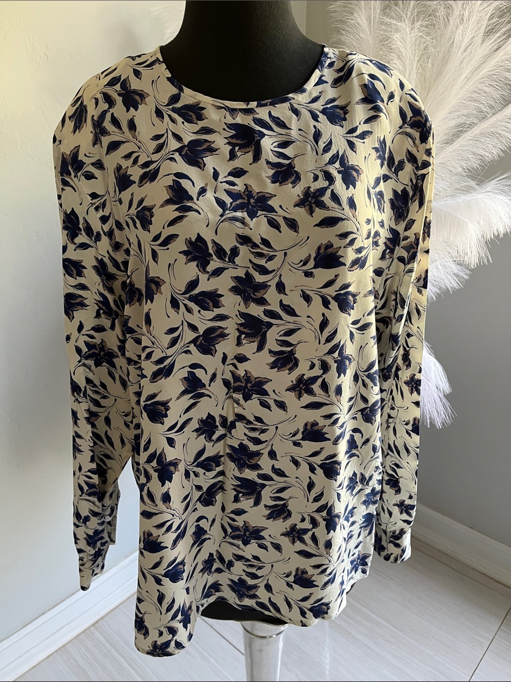 SilkLand Cream Blouse with Navy Floral Print